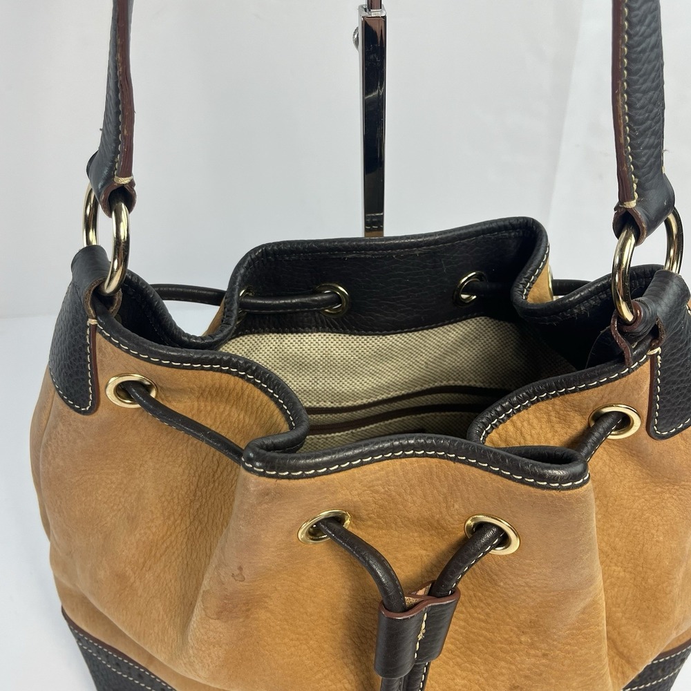 Dooney Bourke Brown Suede Black Leather Drawstring Bucket Bag - Picture 4 of 10